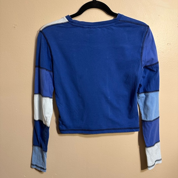 Ragged Jeans Blue Patchwork Crop Top, Long Sleeve Colorblock Tee, Size M - Picture 2 of 5